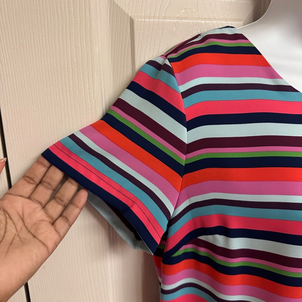 Cynthia Rowley Shift Dress Size 8 Multicolor Striped Short Sleeve Zip Back - Picture 4 of 8